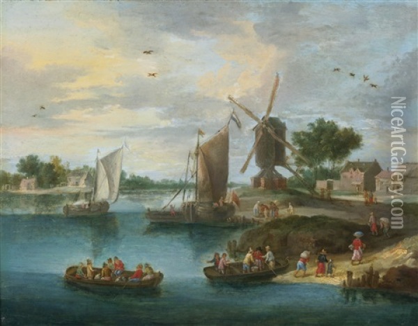 A River Landscape With A Windmill Oil Painting - Jan van Kessel the Elder