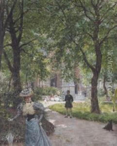 Elegante Dans Le Square Ste. Clotilde Oil Painting - Louis Beroud