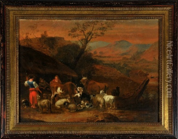 Hirtenfamilie Mit Vieh Vor Einer Hutte In Abendlicher, Italienischer Landschaft Oil Painting - Nicolaes Petersz Berchem