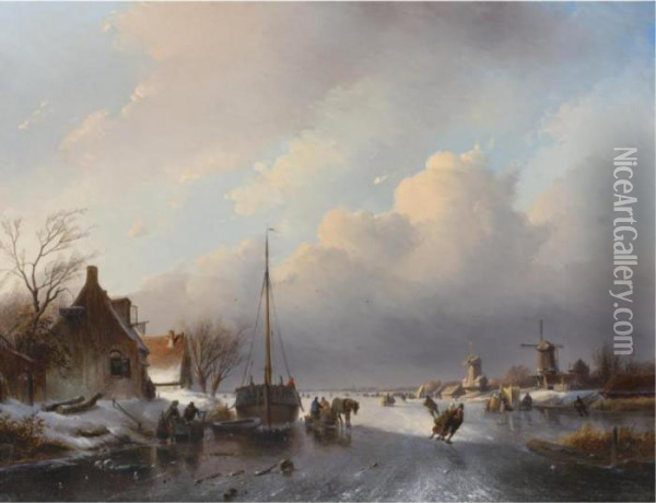 Winterscape With Skaters Oil Painting - Jan Jacob Coenraad Spohler