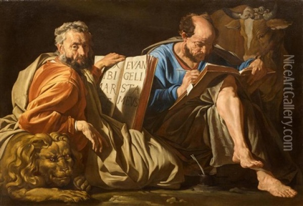 Die Evangelisten Markus Und Lukas Mit Ihren Attributen Lowe Und Ochse Oil Painting - Mathaeus Stomer the Elder
