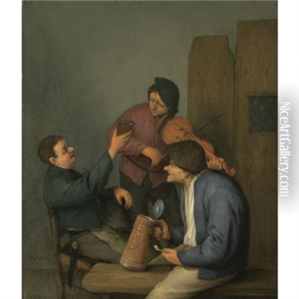 Three Peasants In An Interior Oil Painting - Adriaen Jansz van Ostade