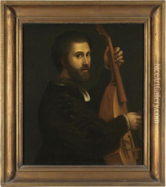 Portrait Of A Gentleman, Half-length, Playing A Lira Di Braccio Oil Painting - Giulio Campi
