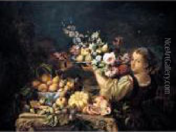 A Still Life Of A Melon, Open 
Pomegranates, Plums, Figs, Peaches And Pears On A Carved Stone Table, 
With A Girl Supporting A Bowl Of Figs And Flowers To The Right Oil Painting - Abraham Brueghel