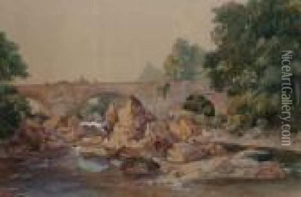 Norwich School -- Figures 
Crossing An Old Stone Bridge In A Wooded River Landscape; Watercolour, 
Signed, 22.5x30cm Oil Painting - Henry Bright