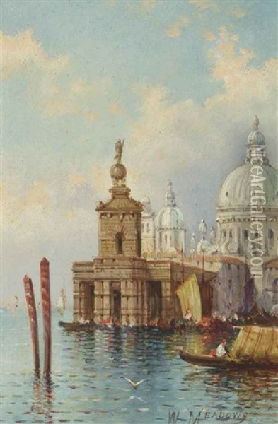 The Dogana, Venice And Gondoliers On A Venetian Backwater (pair) Oil Painting - William Meadows