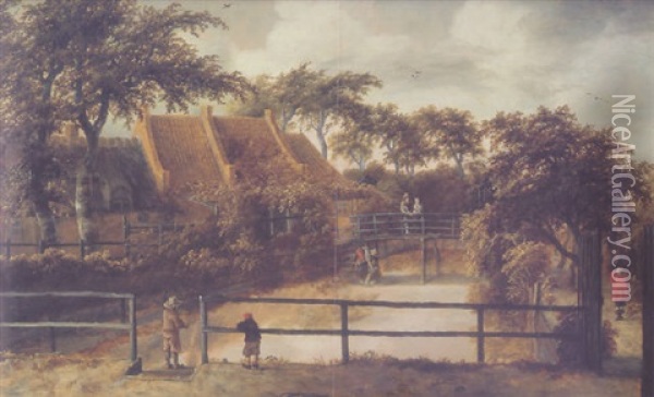 A View Of A Fish Pond With Boys Fishing On A Bridge, Man Walking On A Path, A Washerwoman And A Couple On A Bridge By A House Oil Painting - Meindert Hobbema