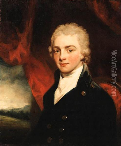 Portrait Of A Gentleman, Bust Length, Seated Before A Red Curtain,a Landscape Beyond Oil Painting - John Hoppner