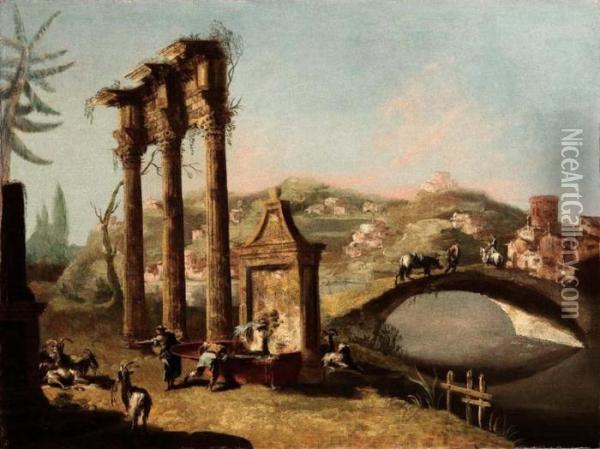 Paesaggio Con Fontana E Ruderi Di Colonnato, Gregge, Pastori, Ponte E Villaggio Oil Painting - Michele Marieschi