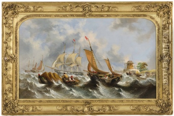 Active Coastal Fishing Scene In Rough Seas Oil Painting - William Callcott Knell