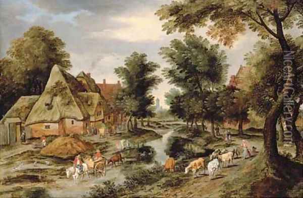 A wooded village landscape with a herdswoman on a path and a horse and cart crossing a river Oil Painting - Pieter The Younger Brueghel