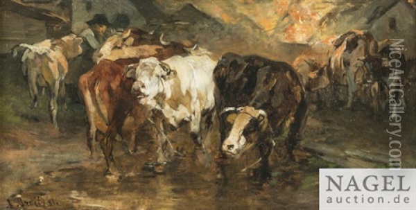 Brennendes Gehoft Oil Painting - Anton Braith