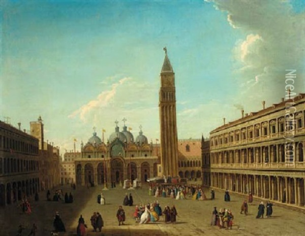 The Piazza San Marco, Venice, Looking East With A Performance Of The Commedia Dell'arte Beneath The Campanile Oil Painting - Antonio Joli