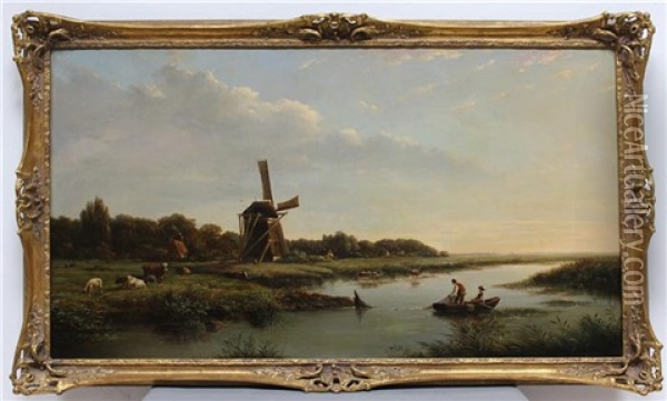 Hollandische Flusslandschaft Mit Vieh Und Fischern, Ihr Netz Auslegend Oil Painting - Cornelis Jan de Vogel
