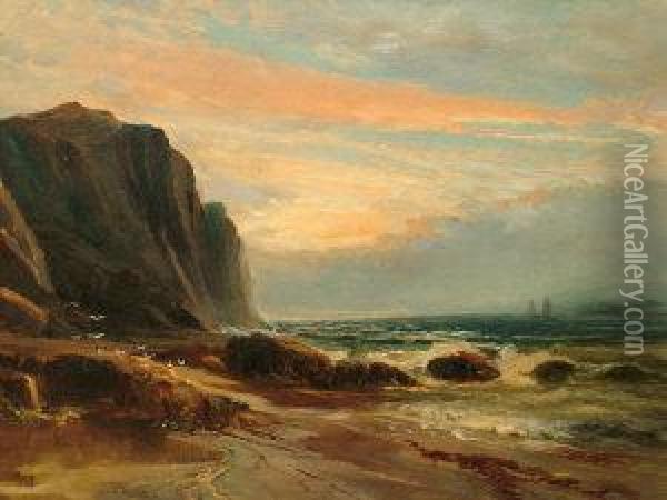 Shipping In A Rocky Coastal Scene Oil Painting - James W. Morris