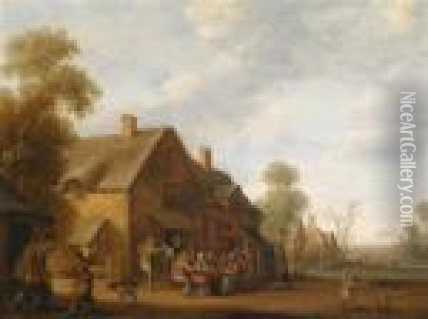 Ein Dorfanger Mit Zechenden Bauern Vor Einem Wirtshaus Oil Painting - Joost Cornelisz. Droochsloot