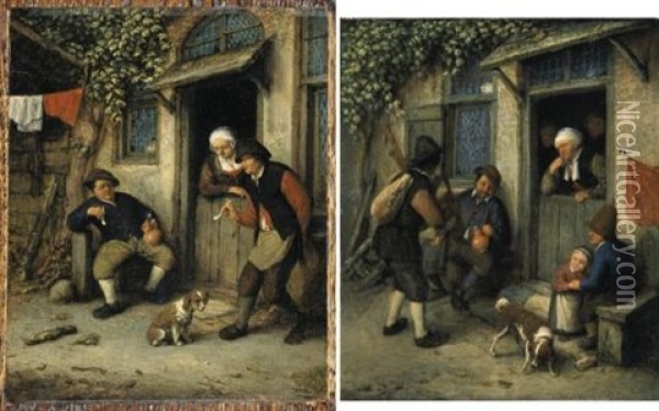 Figures Smoking Pipes By A Cottage Door (+ A Bagpipe Player Performing To A Family At The Door Of Their Cottage; Pair) Oil Painting - Adriaen Jansz van Ostade