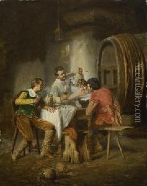 Frohliche Gesellschaft Im Weinkeller. Oil Painting - Alois Binder
