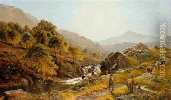 Figures With Cattle By A Mountainous Stream Oil Painting - Sidney Richard Percy