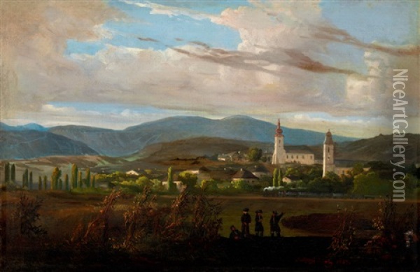 Landscape With Steam Engine By Tokaj (tarcal) Oil Painting - Karoly Jacobey