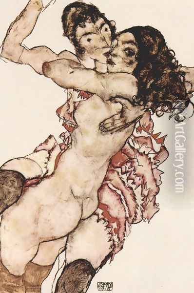 Pair of Women (Women embracing each other) Oil Painting - Egon Schiele