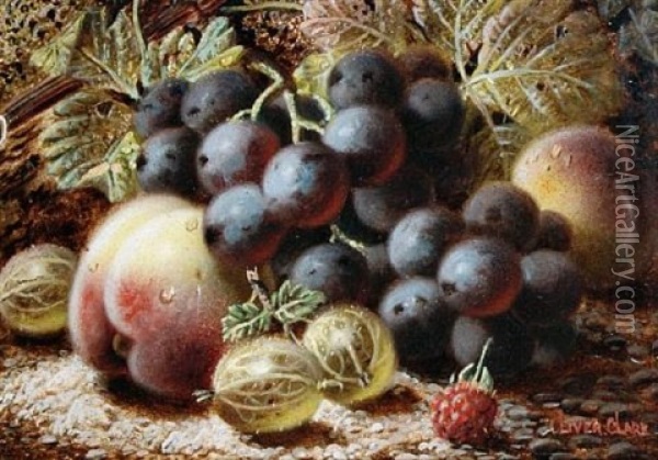 Grapes, Plums And Strawberries On A Mossy Bank (+ Grapes, Peaches, Gooseberries And A Raspberry On A Mossy Bank; Pair) Oil Painting - Oliver Clare