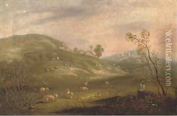 A shepherd and his flock on a hillside with cottages in the distance Oil Painting - John Maler Collier