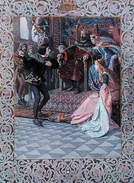 Hamlet before King Claudius, Queen Gertrude and Ophelia, scene from Hamlet by William Shakespeare 1564-1616 c.1900 Oil Painting - Christian August Printz