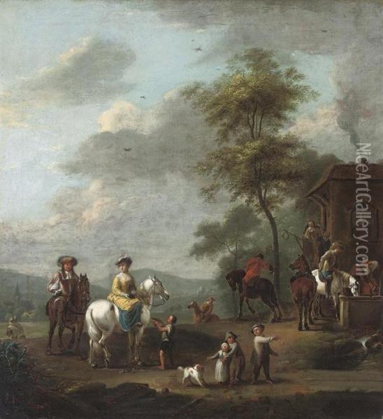 Elegant Company On Horseback At Halt, By An Inn Oil Painting - Pieter Wouwermans or Wouwerman