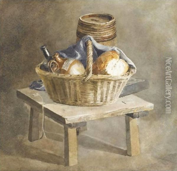 Still Life With Basket, Bread, Bottles And A Keg By A Table Oil Painting - Peter de Wint
