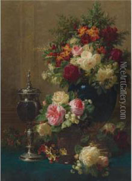 Still Life Of Flowers With A Coconut Chalice On A Table Oil Painting - Jean-Baptiste Robie