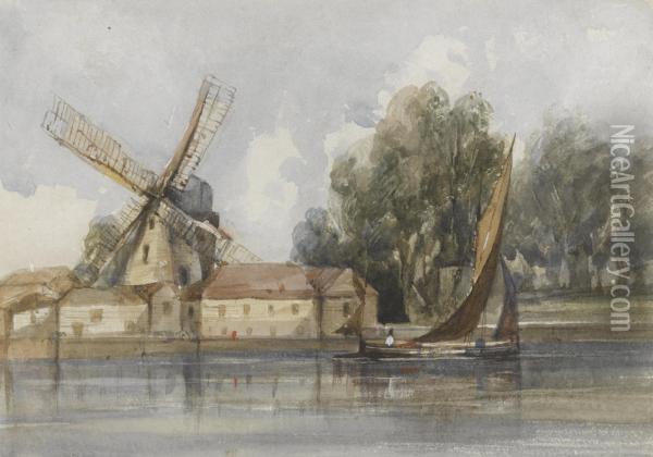 A Wherry Passing A Windmill And Farm Buildings Oil Painting - Thomas Shotter Boys