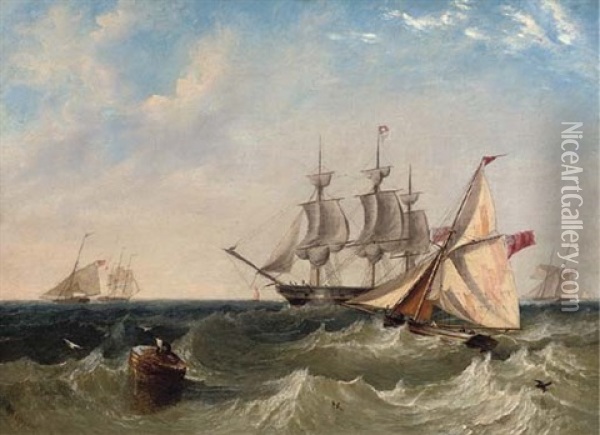 Naval Cutters Offshore With A Frigate Coming To Anchor (at Spithead?) Oil Painting - John Wilson Carmichael