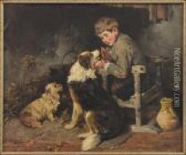 Young Boy Feeding Dogs Oil Painting - John Emms
