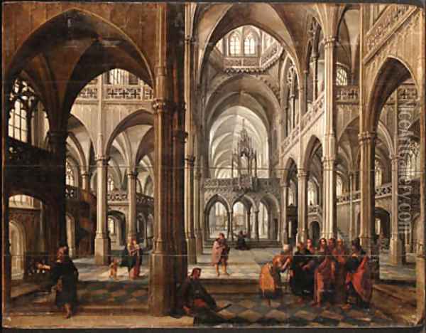 The Interior of a Gothic cathedral with Christ among the doctors Oil Painting - Paul Vredeman de Vries