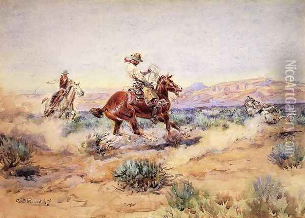 Roping a Wolf Oil Painting - Charles Marion Russell