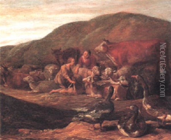 Shepherds Shearing Sheep With Other Livestock Oil Painting - Herman Saftleven