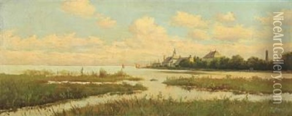 Coastal Scenery With Houses And A Church Oil Painting - Fridolin Hans Johansen
