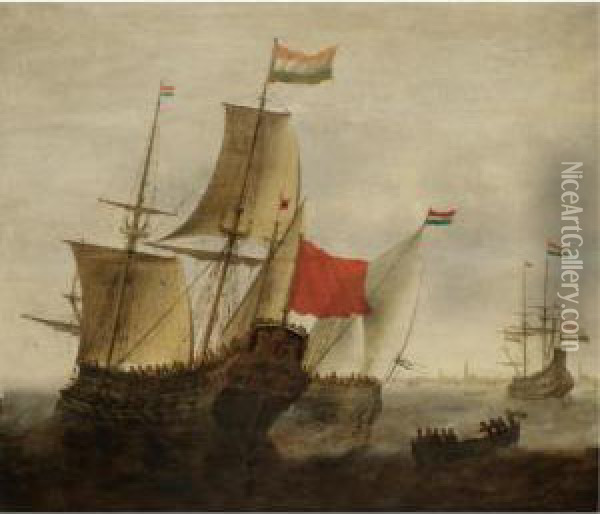 A Dutch Man-of-war And Merchantmen Off Amsterdam Oil Painting - Jacob Adriaensz. Bellevois