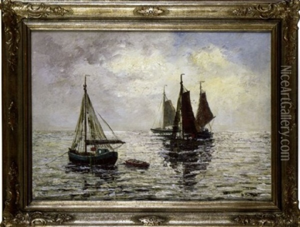 Boats At The Sunset Oil Painting - Wilhelm Mosblech the Elder