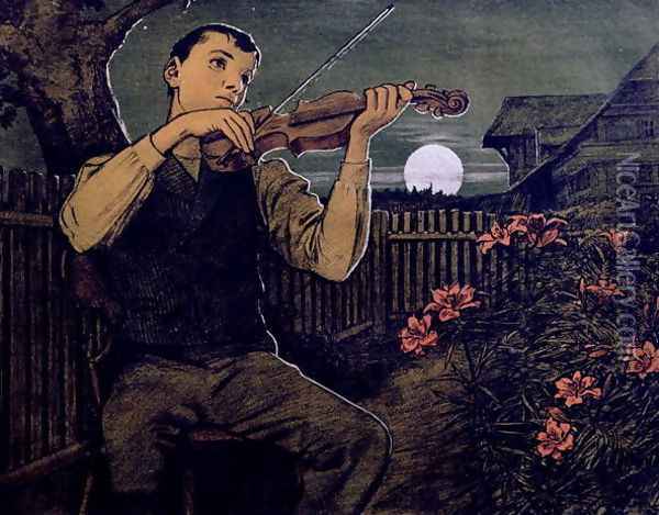 Violin player to the Moon Oil Painting - Hans Thoma