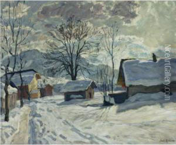 Village In Winter Oil Painting - Arnold Borisovic Lakowskij