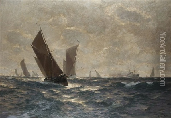 Fischerflotte Nahe Eines Dampfers In Der Nordsee Oil Painting - Erwin Carl Wilhelm Guenther