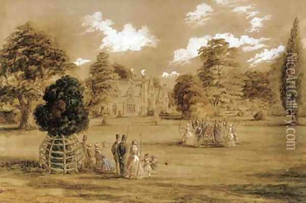 Archery in the grounds of a country house Oil Painting - English School