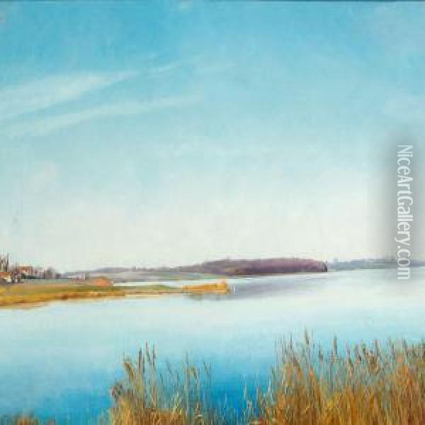 Spring Day At Karrebaeksminde With Blue Sky And Blue Water Oil Painting - L.A. Ring