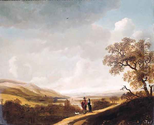 An elegant couple standing above a valley Oil Painting - Jan Looten