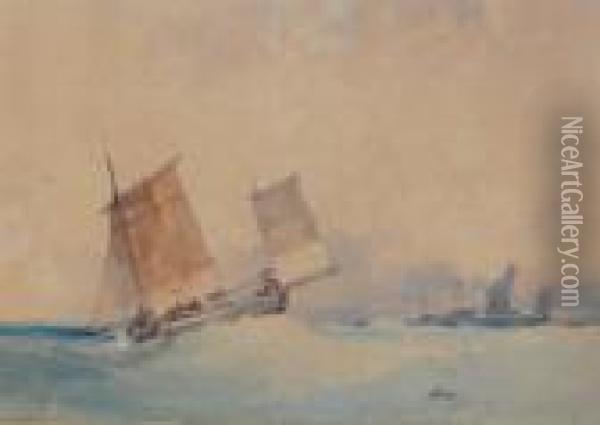 Sailing Boats In A Stiff Breeze Oil Painting - William Callow