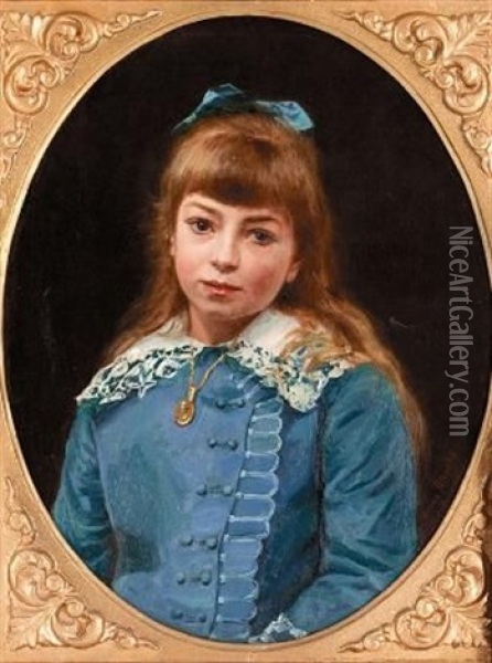 Portrait Of A Young Girl In Blue Oil Painting - Eugene Alexis Girardet