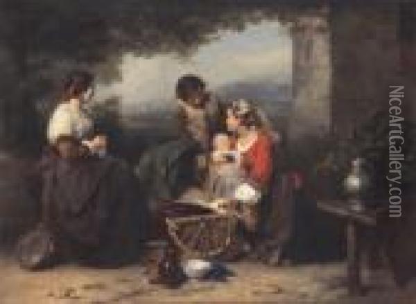 Figures In A Courtyard Oil Painting - Karel Frans Philippeau