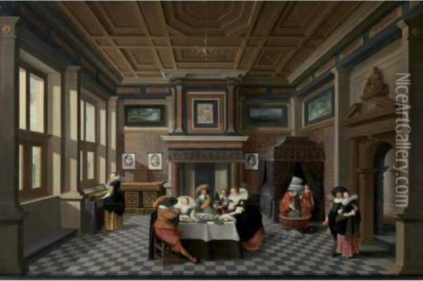 An Interior With Ladies And Gentlemen Dining Oil Painting - Dirck Van Delen